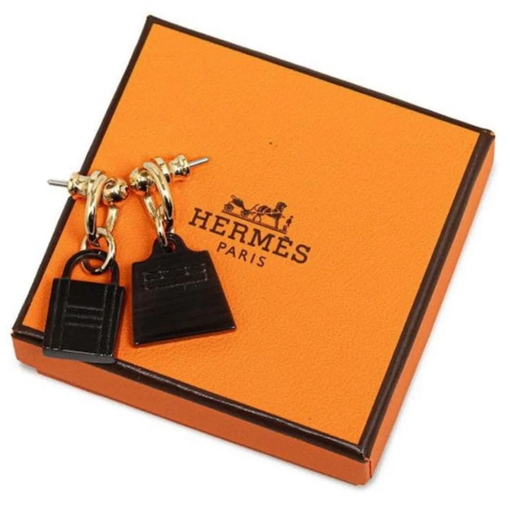 Hermès Authentic Amulet Maroquinier Kelly Cadena Earrings Brown Golden New W Box - Picture 2 of 16